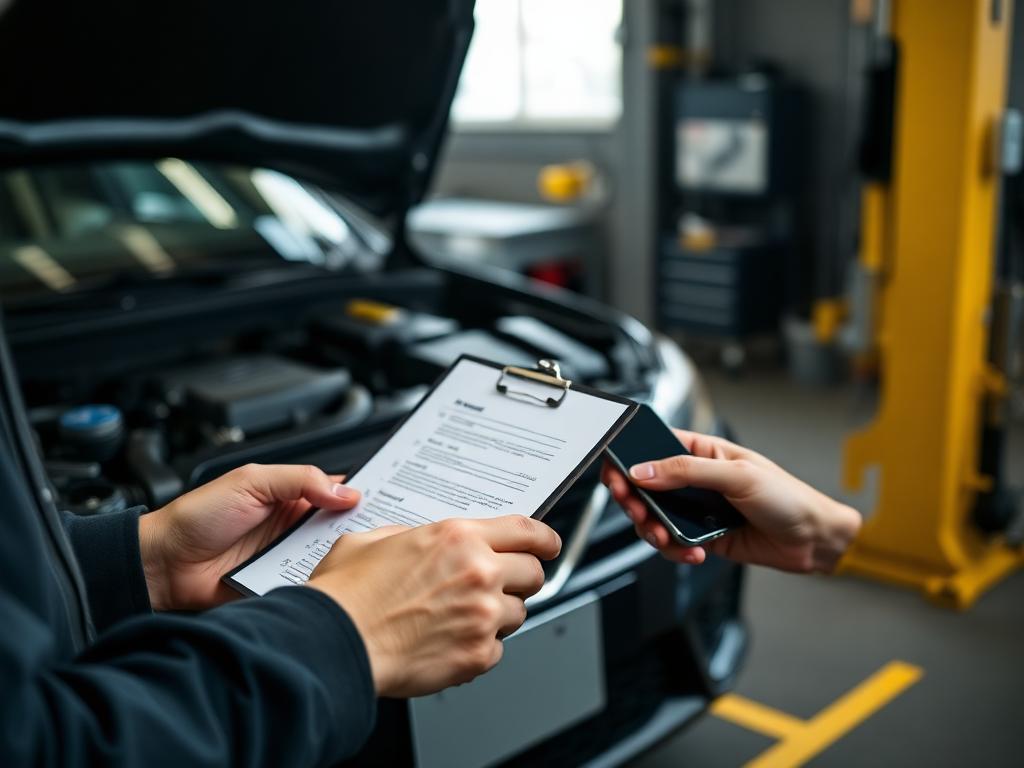 Hands holding an inspection checklist and phone next to an open hood in a service bay